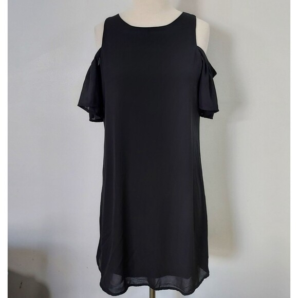 City Streets Dress Flowy Cold Shoulder Womens Size 8 Lined Keyhole Solid Black - Picture 2 of 13